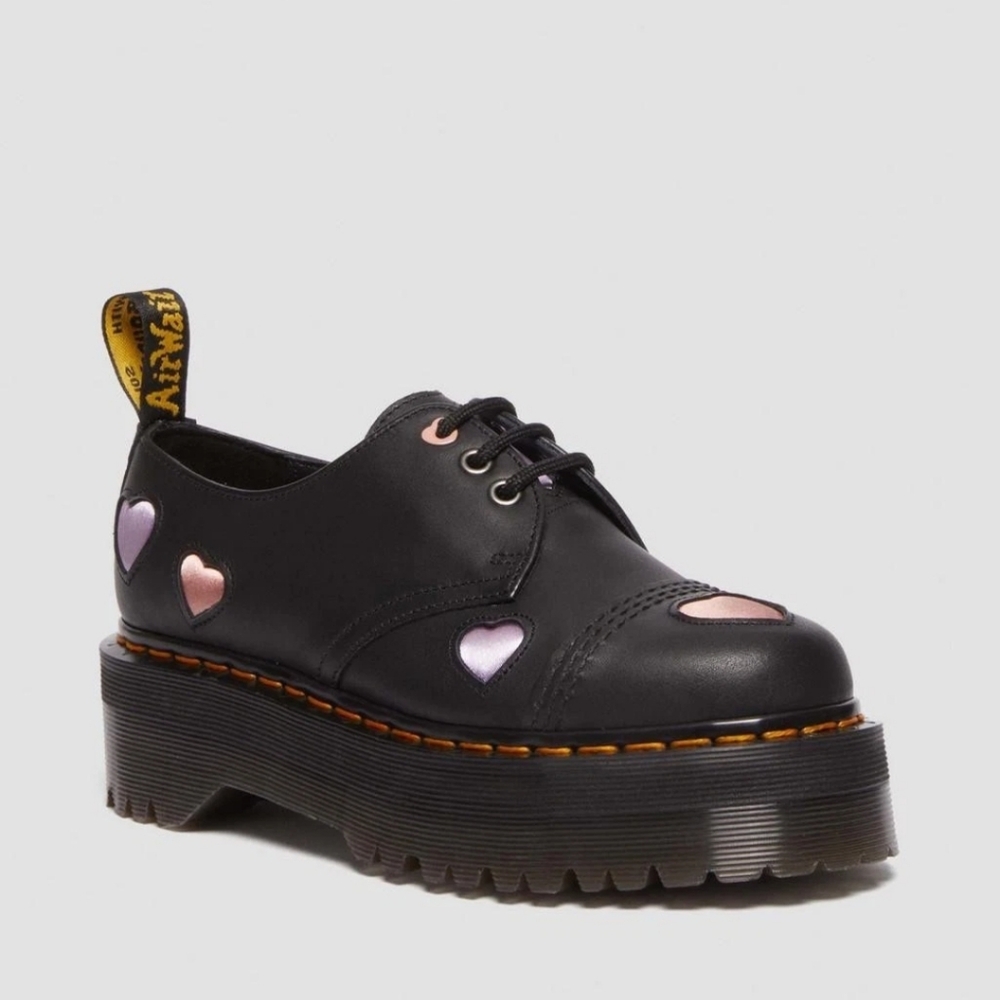 Dr Martens Womens 1461 Quad Heart Leather Platform Shoes Black Size 7 New